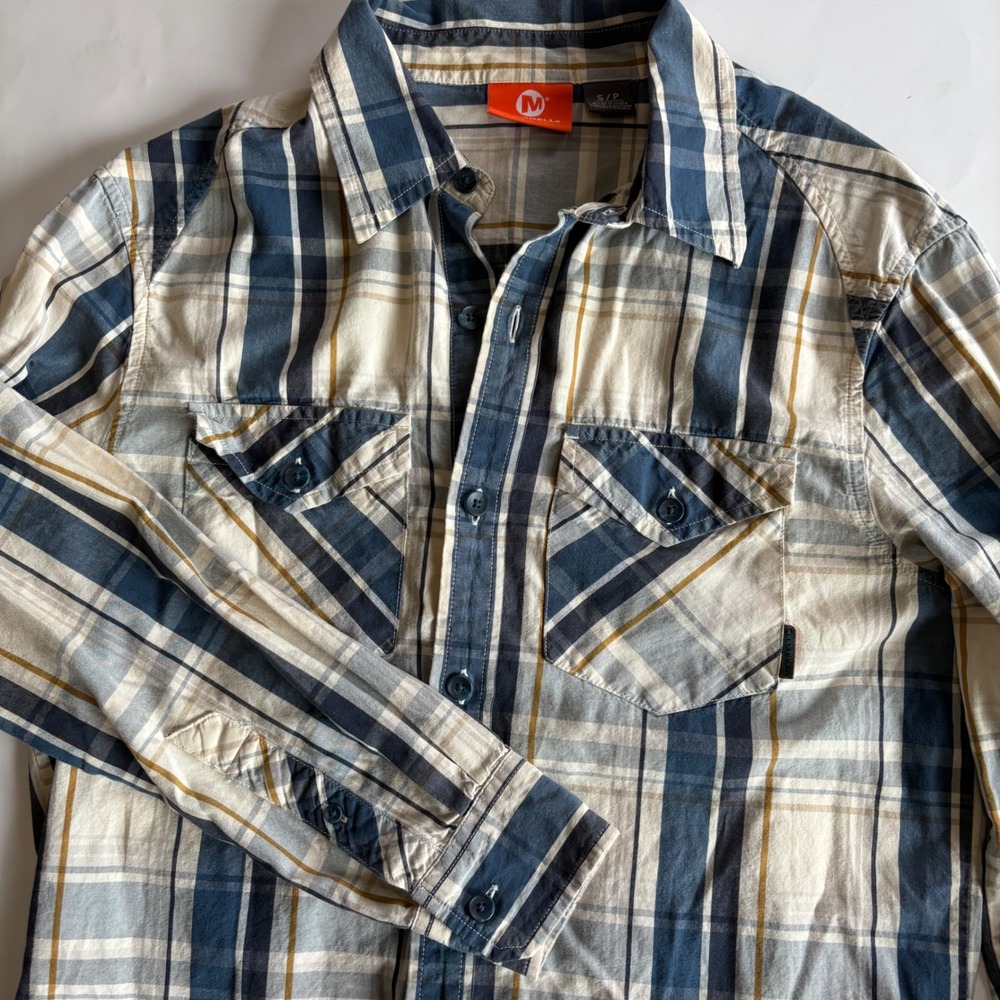 Merrell Mens Blue Tan Plaid Cotton Button‎ Down Shirt Small Long Sleeve Pockets